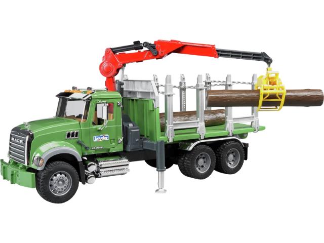 Bruder 02824 MACK Granite lastbil med kran og tre lange træstammer 